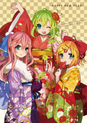 Rule 34 | 3girls, ;d, blonde hair, blush, bow, checkered background, gloves, green eyes, green hair, gumi, hair bow, hair ornament, happy new year, japanese clothes, kagamine rin, kimono, looking at viewer, megurine luka, multiple girls, musou yuchi, new year, one eye closed, open mouth, pink hair, short hair, smile, v, vocaloid, wink