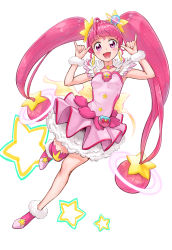 Rule 34 | 1girl, :d, ahoge, back bow, blunt bangs, bow, choker, cure star, dress, full body, hair ornament, highres, hoshina hikaru, itou shin&#039;ichi, long hair, looking at viewer, m/, magical girl, open mouth, petticoat, pink dress, pink eyes, pink footwear, pink hair, pink neckwear, pink thighhighs, planet hair ornament, precure, shoes, short dress, simple background, single thighhigh, smile, solo, star (symbol), star choker, star hair ornament, star twinkle precure, thighhighs, twintails, white background, wrist cuffs, yellow bow