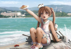 Rule 34 | 10s, 1girl, :d, absurdres, arm support, arm up, artist name, beach, blurry, brown hair, cannon, crab, dark-skinned female, dark skin, day, depth of field, fang, food, head tilt, highres, kantai collection, libeccio (kancolle), looking at viewer, md5 mismatch, novcel, open mouth, original, outdoors, outstretched arm, panties, panty peek, pasta, plate, red eyes, seashell, shell, shoes, shore, sitting, sleeveless, smile, solo, spaghetti, striped clothes, striped panties, thighs, twintails, underwear, water