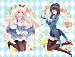 Rule 34 | 10s, 2girls, alice in wonderland, alternate costume, aqua eyes, atago (kancolle), ayase hazuki, beret, black gloves, black hair, black legwear, blonde hair, blue footwear, blush, breasts, checkered background, cleavage, cup, detached collar, enmaided, flower, full body, garter straps, gloves, hat, high heels, kantai collection, key, knees together feet apart, large breasts, long hair, long sleeves, looking at viewer, maid, military, military uniform, multiple girls, open mouth, pantyhose, pencil skirt, pocket watch, red eyes, red footwear, saucer, shoes, short hair, short sleeves, skirt, skirt hold, smile, stiletto heels, takao (kancolle), teacup, thighhighs, uniform, watch