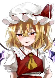 Rule 34 | 1girl, ascot, blonde hair, blush, commentary request, crossed bangs, crystal, fangs, flandre scarlet, flat chest, frilled shirt collar, frills, hair between eyes, half-closed eyes, hand on own hip, hat, highres, medium hair, midoro29, mob cap, one side up, parted lips, puffy short sleeves, puffy sleeves, red eyes, red skirt, red vest, short sleeves, simple background, skirt, skirt set, slit pupils, solo, straight-on, teeth, touhou, upper teeth only, vampire, vest, white background, wings, yellow ascot