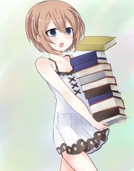 Rule 34 | 10s, 1girl, absurdres, bad id, bad link, bad twitter id, bare shoulders, blanc (neptunia), blue eyes, blush, book, book stack, brown hair, buran buta, highres, holding, holding book, neptune (series), open mouth, short hair, solo