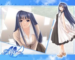 Rule 34 | 00s, 1girl, after (game), after sweet kiss, artist name, bent over, black dress, blue eyes, blue hair, blue sky, blush, breasts, buttons, ceiling, character name, chihaya miyuki, cleavage, cloud, copyright name, curtains, dated, downblouse, dress, dual persona, feathers, framed, from side, hair between eyes, hair intakes, hanging breasts, head tilt, high collar, indoors, large breasts, letterboxed, light smile, lights, long hair, long sleeves, looking at viewer, looking back, matching hair/eyes, mole, mole under eye, official art, official wallpaper, outline, parted lips, platform footwear, pov, ribbon, sandals, shirt, sidelocks, skirt, sky, sleeveless, sleeveless dress, smile, solo, standing, sundress, tony taka, unbuttoned, upper body, v arms, very long hair, wallpaper, white dress, wing collar