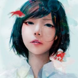Rule 34 | 1girl, air bubble, black eyes, black hair, bubble, collared shirt, commentary request, fish, goldfish, highres, lips, looking at viewer, nose, original, parted lips, portrait, realistic, revision, shirt, short hair, solo, swept bangs, teeth, wataboku, white shirt, wing collar