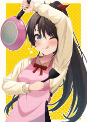 Rule 34 | 1girl, :p, adapted costume, alternate hairstyle, apron, arm up, blue eyes, blue skirt, blush, border, bow, breasts, brown hair, collarbone, commentary request, frying pan, grey border, hair between eyes, hair ribbon, hand up, high ponytail, highres, hololive, long hair, long sleeves, looking at viewer, medium breasts, one eye closed, oozora subaru, oozora subaru (casual), pink apron, plaid, plaid skirt, ponytail, red bow, red ribbon, ribbon, skirt, solo, spatula, suicabar72, tongue, tongue out, upper body, virtual youtuber, yellow background