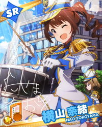 Rule 34 | 10s, 2girls, ;d, band uniform, beamed quavers, brown eyes, brown hair, card (medium), character name, drill hair, drum, drumsticks, epaulettes, hat, idolmaster, idolmaster million live!, instrument, looking at viewer, multiple girls, musical note, official art, one eye closed, open mouth, purple eyes, smile, sparkle, suou momoko, yokoyama nao
