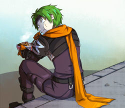 Rule 34 | 1boy, :t, ahoge, armor, asatsuki kamo, boots, chopsticks, eating, food, full body, gloves, green hair, headband, knee boots, male focus, messy hair, noodles, pants, pauldrons, ramen, scarf, shoulder armor, sitting, solo, wild arms, wild arms 1, yellow eyes, zed (wild arms)