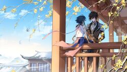 Rule 34 | 2boys, absurdres, architecture, bishounen, blue sky, brown hair, chinese clothes, east asian architecture, ebf7l, from behind, genshin impact, ginkgo leaf, highres, leaf, male focus, multiple boys, outdoors, short hair, sitting, sky, xiao (genshin impact), zhongli (genshin impact)