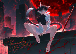 Rule 34 | 1boy, animal ear fluff, animal ears, arsh (thestarwish), bandaged tail, between legs, black hair, black shirt, blood, blood on arm, blood on leg, blood splatter, blue eyes, cat boy, cat ears, cat tail, cityscape, closed mouth, commission, crop top, full body, gradient hair, hand between legs, high collar, jacket, jacket partially removed, knee up, looking to the side, male focus, moon, multicolored hair, night, night sky, original, red moon, shirt, short sleeves, shorts, sitting, skeb commission, skin tight, sky, solo, tail, tail ornament, toned, toned male, turtleneck, two-tone hair, weapon, white hair, white jacket, white shorts