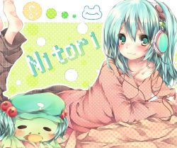 Rule 34 | 1girl, :3, alternate costume, alternate hair color, alternate hairstyle, aqua hair, bad id, bad pixiv id, barefoot, blush, casual, character name, contemporary, female focus, frog, green eyes, hair bobbles, hair down, hair ornament, hat, headphones, kappa, kawashiro nitori, kawashiro nitori (kappa), komeshiro kasu, looking at viewer, lying, musical note, off shoulder, on stomach, polka dot, solo, touhou, unmoving pattern