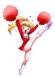 Rule 34 | artist request, blush, cheerleader, child, copyright request, heart, high ponytail, leg lift, smile, standing, standing on one leg, tagme