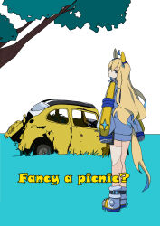 1girl abandoned absurdres ahoge animal_ears arms_at_sides blonde_hair blue_eyes boots broken car coat colored_inner_hair english_text fiat fiat_500 grass hair_ornament highres horse_ears horse_girl horse_tail long_hair looking_at_viewer looking_back motor_vehicle multicolored_hair neo_universe_(umamusume) sleeves_past_fingers sleeves_past_wrists solo standing sudzume tail tree umamusume white_coat white_footwear