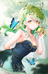 Rule 34 | 1girl, absurdres, akaike, antlers, apple, arms behind back, bare arms, bare shoulders, blue butterfly, blue dress, blush, braid, braided bangs, branch, breasts, bug, butterfly, ceres fauna, cleavage, closed mouth, commentary, dress, english commentary, flower, food, fruit, golden apple, green hair, green nails, hair flower, hair ornament, hand up, highres, holding, holding food, holding fruit, hololive, hololive english, horns, huge filesize, insect, medium breasts, mole, mole under eye, multicolored hair, nail polish, single braid, smile, solo, strapless, strapless dress, streaked hair, virtual youtuber, white flower, yellow eyes