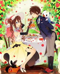 Rule 34 | 1boy, 1girl, alternate costume, bad id, bad twitter id, bare shoulders, blue eyes, blush, breasts, brown eyes, brown hair, buttons, cake, chair, coat, cream, creatures (company), cup, day, double bun, eating, elbow gloves, eye contact, feeding, flower, food, food in mouth, food on face, frilled shirt collar, frills, game freak, garden, gen 1 pokemon, gen 5 pokemon, gloves, grass, hair bun, hair ribbon, half-closed eyes, hat, hat flower, high heels, highres, holding, holding plate, image sample, jewelry, kitchenset, lampent, leaf, leaning forward, long skirt, looking at another, lying, nate (pokemon), neck ribbon, nintendo, on shoulder, open mouth, oshawott, outdoors, pants, petals, pikachu, plate, pokemon, pokemon (creature), pokemon bw2, ribbon, rosa (pokemon), rose, rose petals, shirt, shoes, sitting, skirt, sleeveless, sleeveless shirt, snivy, spoon, standing, starter pokemon trio, sun hat, table, tail, tail ornament, tail ribbon, tea, teacup, tepig, tuxedo, twintails, yellow skirt
