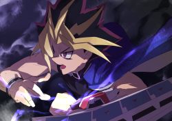 Rule 34 | 1boy, absurdres, atem, blonde hair, blue jacket, dyed bangs, highres, jacket, momiji oroshi, multicolored hair, open clothes, open mouth, purple eyes, shirt, solo, two-tone hair, yami yugi, yu-gi-oh!, yu-gi-oh! duel monsters