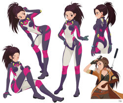 1girl bodysuit breasts character_sheet goggles gun gun_on_back hong_soon-sang jacket knees_up long_hair navel one_eye_closed open_mouth original ponytail purple_bodysuit rifle sitting skin_tight solo standing two-tone_bodysuit weapon weapon_on_back wink