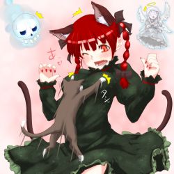 Rule 34 | 2girls, animal ears, blush, braid, grabbing another&#039;s breast, breasts, cat, cat ears, cat tail, female focus, grabbing, grey hair, halo, heart, kaenbyou rin, long hair, multiple girls, nail polish, o o, open mouth, red hair, red nails, skull, small breasts, soubi, ^^^, tail, touhou, twin braids, wings, zombie fairy (touhou)