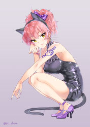 Rule 34 | 1girl, animal ears, arm tattoo, backless dress, backless outfit, bare shoulders, black dress, bow, breasts, cat ears, cat tail, dress, eyelashes, fake animal ears, from side, full body, grey background, hair bow, halterneck, high heels, idolmaster, idolmaster cinderella girls, jougasaki mika, large breasts, looking at viewer, miyabi akino, nail polish, pink hair, purple footwear, purple nails, shiny clothes, short dress, simple background, smile, solo, squatting, tail, tattoo, tribal tattoo, yellow eyes