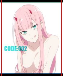 Rule 34 | 10s, 1girl, :q, border, breasts, collarbone, darling in the franxx, green eyes, hair over breasts, head tilt, highres, horns, long hair, looking at viewer, medium breasts, nude, oni horns, pink hair, red horns, shizuku tarou, sidelocks, smile, solo, straight hair, tongue, tongue out, upper body, very long hair, zero two (darling in the franxx)