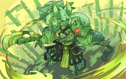 Rule 34 | 1girl, :d, armor, bamboo, bamboo shoot, black skirt, blurry, blurry background, body markings, breasts, colored sclera, colored skin, commentary request, fang, full body, green hair, green horns, green pupils, green sclera, green skin, green theme, hair tattoo, holding, holding polearm, holding weapon, horns, japanese clothes, legs apart, long hair, long sleeves, looking at viewer, medium breasts, mix (candlmix), open mouth, original, pauldrons, personification, pleated skirt, polearm, shoulder armor, single pauldron, skin-covered horns, skirt, smile, solo, teeth, upper teeth only, weapon, wide sleeves, yellow eyes