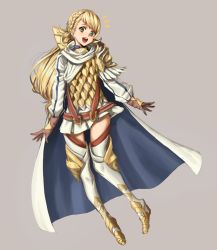 Rule 34 | 1girl, armor, athenawyrm, blonde hair, blush, boots, braid, brown background, cape, fire emblem, fire emblem heroes, full body, gloves, green eyes, long hair, low ponytail, nintendo, open mouth, scale armor, sharena (fire emblem), simple background, solo, teeth, thigh boots, thighhighs, zettai ryouiki