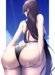 Rule 34 | 1girl, absurdres, ass, ass grab, back, bare shoulders, blue sky, breasts, butt crack, competition swimsuit, deep skin, fate/grand order, fate (series), highleg, highleg swimsuit, highres, huge ass, large breasts, long hair, minamoto no raikou (fate), one-piece swimsuit, purple hair, shiroshisu, sky, solo, swimsuit, very long hair