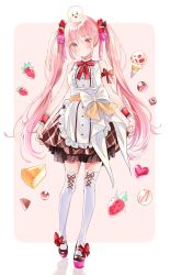 Rule 34 | 1girl, apron, arm ribbon, bad id, bad pixiv id, bare shoulders, bow, bowtie, chocolate, closed mouth, dress, food, frilled apron, frilled dress, frills, fruit, full body, hair ornament, hat, highres, ice cream, long hair, looking at viewer, mary janes, nabi (uz02), original, pink hair, red bow, red bowtie, red eyes, ribbon, shoes, sleeveless, sleeveless dress, solo, strawberry, thighhighs, twintails, very long hair, white dress, white thighhighs, wrist cuffs, zettai ryouiki