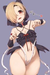 Rule 34 | 1girl, aki (sangetusei), bags under eyes, bandages, blonde hair, blood, blood stain, blush, breasts, cleavage, ear piercing, earrings, hair over one eye, heart, highres, idolmaster, idolmaster cinderella girls, jewelry, legs together, looking at viewer, medium breasts, navel, open mouth, piercing, red eyes, revealing clothes, shiny skin, shirasaka koume, short hair, simple background, smile, solo, standing, thighs, wide hips