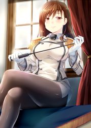 Rule 34 | 1girl, backlighting, black pantyhose, blush, breasts, brown eyes, brown hair, buttons, collared shirt, cosplay, crossed legs, curtains, day, epaulettes, female focus, fringe trim, gloves, half-closed eyes, holding, holding weapon, indoors, izumi akane, kantai collection, katori (kancolle), katori (kancolle) (cosplay), large breasts, light smile, long hair, military, military uniform, miniskirt, naughty face, necktie, ooi (kancolle), orange eyes, pantyhose, pencil skirt, pointer, riding crop, shirt, side slit, sitting, skirt, sky, smile, solo, sunlight, thighs, uniform, weapon, white gloves, window