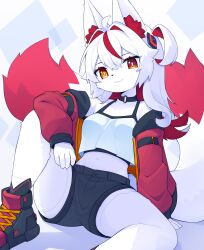 Rule 34 | 1girl, absurdres, android, animal ear fluff, animal ears, black choker, bright pupils, choker, closed mouth, crop top, dev voxy, diamond (shape), fox ears, fox girl, fox tail, furry, furry female, hair intakes, hair ornament, heterochromia, highres, jacket, k-n.1a (dev voxy), long hair, midriff, multicolored hair, multiple tails, navel, o-ring, o-ring choker, original, red hair, red jacket, shoes, short shorts, shorts, sitting, smile, sneakers, solo, tail, two side up, white hair, white pupils