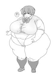 !? 1girl belly_grab breasts dasan242 fat fat_woman huge_breasts monochrome obese short_hair sketch socks solo thick_thighs thighs wide_hips