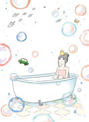 Rule 34 | 1girl, absurdres, animal, bath, bathroom, bathtub, black hair, bubble, character request, crown, dot nose, expressionless, fish, floating, floating object, hair bun, highres, itunohika, knees to chest, knees up, looking up, naked towel, object on head, on head, parted lips, partially submerged, rubber duck, sidelocks, single hair bun, sitting, soap bubbles, solo, tareme, tile floor, tiles, towel, toy, toy car, water, white background, yukkuri juu made