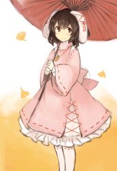 Rule 34 | 1girl, adapted costume, alternate costume, animal ears, bad id, bad pixiv id, black hair, blush, brown eyes, colorized, dress, gradient background, inaba tewi, jewelry, layered dress, long sleeves, looking at viewer, necklace, oil-paper umbrella, pink dress, rabbit ears, ribbon, short hair, sketch, smile, solo, touhou, tsukiori, umbrella, white legwear, wide sleeves