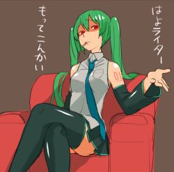 Rule 34 | 1girl, cigarette, collar, couch, detached sleeves, green hair, hatsune miku, crossed legs, miwa (5044779), necktie, pleated skirt, red eyes, red upholstery, sitting, skirt, solo, thighhighs, twintails, vocaloid