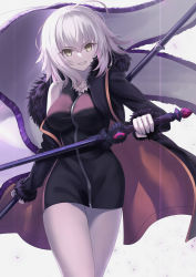 Rule 34 | 1girl, black dress, blue coat, breasts, cleavage, coat, collarbone, dress, fate/grand order, fate (series), fur-trimmed coat, fur trim, highres, jeanne d&#039;arc (fate), jeanne d&#039;arc alter (fate), jeanne d&#039;arc alter (ver. shinjuku 1999) (fate), jewelry, large breasts, long sleeves, looking at viewer, necklace, neko daruma, official alternate costume, open clothes, open coat, short dress, short hair, silver hair, solo, thighs, wicked dragon witch ver. shinjuku 1999, yellow eyes