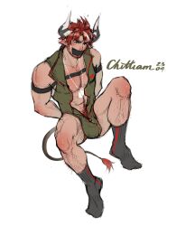 Rule 34 | 1boy, abs, absurdres, animal ears, arknights, bara, beard, black socks, blush, bodysuit, bulge, chest harness, cow boy, cow ears, cow horns hair, dog tags, duct tape, facial hair, from above, full body, gag, green bodysuit, harness, highres, humus (arknights), improvised gag, jilian dongningqi, knees up, large pectorals, leg hair, looking at viewer, male focus, male pubic hair, mature male, muscular, muscular male, navel hair, nipples, pectoral cleavage, pectorals, pubic hair, pubic hair peek, red hair, short hair, sleeveless, socks, solo, tape, tape gag, thick eyebrows, thighs