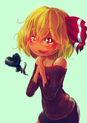 Rule 34 | 1girl, :d, bare shoulders, blonde hair, blush, bow, collarbone, commentary request, dress, eruei, eyebrows, eyelashes, fang, green background, hair bow, heart, highres, looking at viewer, multicolored eyes, open mouth, own hands clasped, own hands together, raised eyebrows, red bow, red eyes, ribbon trim, rumia, simple background, smile, solo, strapless, strapless dress, touhou, upper body