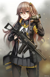 Rule 34 | 1girl, absurdres, black gloves, black jacket, black pantyhose, black ribbon, blush, brown eyes, brown hair, commentary, dress shirt, english commentary, fingerless gloves, girls&#039; frontline, gloves, grey skirt, gun, h&amp;k ump, h&amp;k ump, hair between eyes, hair ornament, hand up, highres, holding, holding gun, holding weapon, jacket, long hair, long sleeves, looking at viewer, name connection, ndtwofives, neck ribbon, object namesake, one side up, open clothes, open jacket, pantyhose, parted lips, pleated skirt, ribbon, scar, scar across eye, scar on face, shirt, skirt, smoke grenade, solo, submachine gun, thick eyebrows, twitter username, ump45 (girls&#039; frontline), very long hair, weapon, white shirt