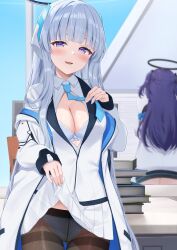 Rule 34 | absurdres, black halo, black pantyhose, blue archive, blue bra, blue hair, blue necktie, blue panties, blush, bow, bow bra, bow panties, bra, breasts, cleavage, clothes lift, formal, from behind, halo, headphones, highres, jacket, jacket partially removed, lifting own clothes, long hair, looking at viewer, mechanical halo, medium breasts, mochiko (uyu omochi), necktie, noa (blue archive), open clothes, open mouth, open shirt, panties, panties under pantyhose, pantyhose, purple eyes, purple hair, seminar (blue archive), shirt, skirt, skirt lift, smile, standing, suit, thighband pantyhose, two-sided fabric, two-sided jacket, underwear, white hair, white halo, white jacket, white shirt, white skirt, white suit, yuuka (blue archive)