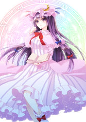 Rule 34 | 1girl, book, capelet, chitose (usacan), coat, crescent moon, dress, hair ribbon, hat, highres, long hair, long sleeves, magic circle, mob cap, moon, open book, open clothes, open coat, patchouli knowledge, purple eyes, purple hair, ribbon, solo, striped clothes, striped dress, touhou, tress ribbon, very long hair