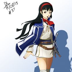 Rule 34 | 1girl, amagi yukiko, black hair, cloak, company connection, cosplay, dated, dh (brink of memories), gloves, highres, isabeau (megami tensei), isabeau (smt) (cosplay), kneehighs, long hair, megami tensei, nail polish, neckerchief, persona, persona 4, red eyes, shin megami tensei, shin megami tensei iv, single glove, skirt, socks, solo