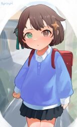Rule 34 | 1girl, absurdres, aged down, backpack, bag, blue skirt, blue sweater, blush, bow, brown eyes, brown hair, chestnut mouth, child, commentary, cross-shaped pupils, green bow, green eyes, hair bow, hair flaps, hair ornament, heterochromia, highres, idol corp, kindergarten uniform, looking at viewer, meica (vtuber), mismatched pupils, outdoors, randoseru, red bag, rorirori (rorirori45), school bag, shirt, short hair, skirt, solo, sprout-shaped pupils, star (symbol), star hair ornament, sweater, symbol-shaped pupils, virtual youtuber, white shirt