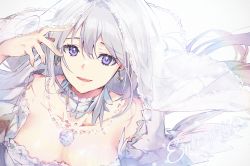 Rule 34 | 1girl, azur lane, blush, breasts, bridal veil, character name, choker, cleavage, collarbone, dress, earrings, enterprise (azur lane), enterprise (starlight oath) (azur lane), floating hair, hair between eyes, hand up, jewelry, large breasts, light particles, long hair, looking at viewer, nagu, necklace, open mouth, pendant, purple eyes, sidelocks, silver hair, smile, solo, sparkle, veil, very long hair, wedding dress, white dress