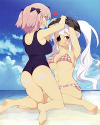 Rule 34 | 10s, 2girls, :d, ^^^, absurdres, arms up, ass, bare legs, barefoot, beach, bikini, blue eyes, blue sky, blue one-piece swimsuit, breasts, cleavage, clothes lift, cloud, covered erect nipples, day, embarrassed, eyepatch, feet, flying sweatdrops, frilled bikini, frills, hibari (senran kagura), highres, kneeling, large breasts, multiple girls, navel, ocean, official art, one-piece swimsuit, open mouth, pink hair, plaid, plaid bikini, red eyes, sand, sand on ass, sand on skin, scan, school swimsuit, senran kagura, shirt lift, sitting, sky, smile, soles, swimsuit, twintails, underboob, wariza, water, wedgie, white hair, yaegashi nan, yagyu (senran kagura)