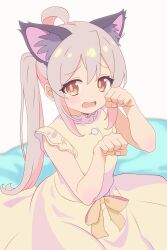 Rule 34 | 1girl, absurdres, ahoge, animal ear fluff, animal ears, bare arms, brown eyes, cat ears, commentary, dress, extra ears, highres, kemonomimi mode, long hair, looking at viewer, onii-chan wa oshimai!, open mouth, oyama mahiro, paw pose, simple background, sleeveless, sleeveless dress, solo, twintails, white background, yellow dress, yuuki (reiwa)