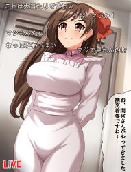 Rule 34 | 1girl, absurdres, apron, arms behind back, breasts, brown hair, closed mouth, commentary request, commission, cowboy shot, danmaku comments, english text, hair ribbon, highres, indoors, kantai collection, kappougi, large breasts, livestream, locker, locker room, long hair, long sleeves, looking to the side, mamiya (kancolle), open mouth, pixiv commission, red eyes, red ribbon, ribbon, smile, solo, standing, translated, zanntetu