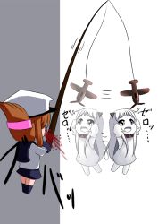 Rule 34 | 10s, 2girls, :d, abyssal ship, afterimage, aircraft, airplane, back, blood, brown hair, colored skin, dress, female admiral (kancolle), fishing, fishing rod, folded ponytail, gloves, hat, hiding, holding, horns, inazuma (kancolle), kantai collection, meitoro, mittens, multiple girls, northern ocean princess, nosebleed, open mouth, pale skin, school uniform, serafuku, smile, so moe i&#039;m gonna die!, translation request, white background, white dress, white gloves, white hair, white skin