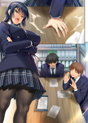Rule 34 | 1girl, 2boys, angry, black hair, bow, bowtie, breasts, brown hair, chair, cle masahiro, closed eyes, collared shirt, crossed arms, diagonal-striped neckwear, from below, hair over eyes, hands up, highres, indoors, large breasts, legs, long hair, multiple boys, multiple views, necktie, open mouth, original, pantyhose, paper, pleated skirt, school uniform, sequential, serious, shirt, short hair, sitting, skirt, smile, spread legs, standing, striped neckwear, sweatdrop, table, teeth, thighs, upper teeth only, yellow eyes