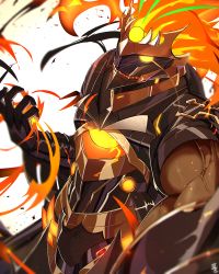 Rule 34 | 1boy, armor, ashwatthama (fate), ashwatthama (second ascension) (fate), bk mita, breastplate, dark-skinned male, dark skin, embers, fate/grand order, fate (series), fiery hair, fighting stance, fire, full armor, glowing, glowing eyes, glowing hair, green hair, hair strand, helmet, highres, looking at viewer, male focus, muscular, muscular male, official alternate costume, solo, upper body
