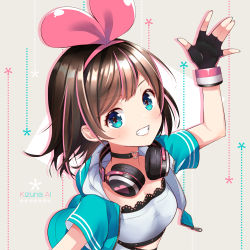 Rule 34 | 1girl, alternate hairstyle, black gloves, blue eyes, blush, breasts, brown hair, character name, choker, commentary request, cropped jacket, fingerless gloves, gloves, grey background, grin, hairband, hanasaki, hand up, headband, headphones, headphones around neck, heart, heart choker, highres, kizuna ai, kizuna ai (a.i. games), kizuna ai inc., long hair, looking at viewer, multicolored hair, official alternate costume, open mouth, outstretched arm, pink hair, pink hairband, pink ribbon, reaching, reaching towards viewer, ribbon, selfie, shirt, short sleeves, simple background, small breasts, smile, solo, streaked hair, swept bangs, teeth, two-tone hair, upper body, virtual youtuber, white shirt